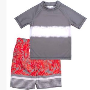 Dark Gray Stripe Rash-guard & Red Swim Trunks